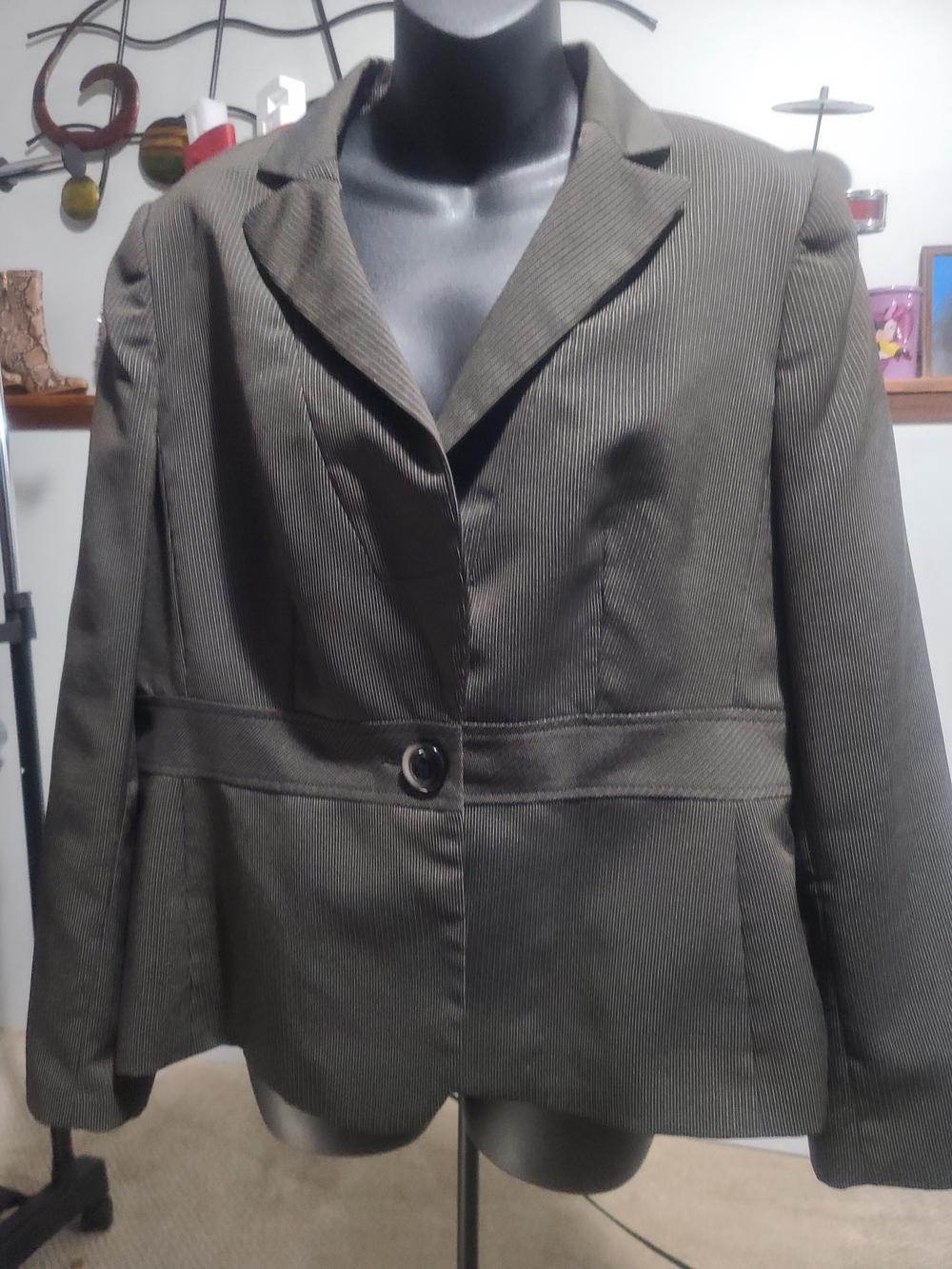 Evan Picone Olive Brown Pinstripe Single-Button Blazer